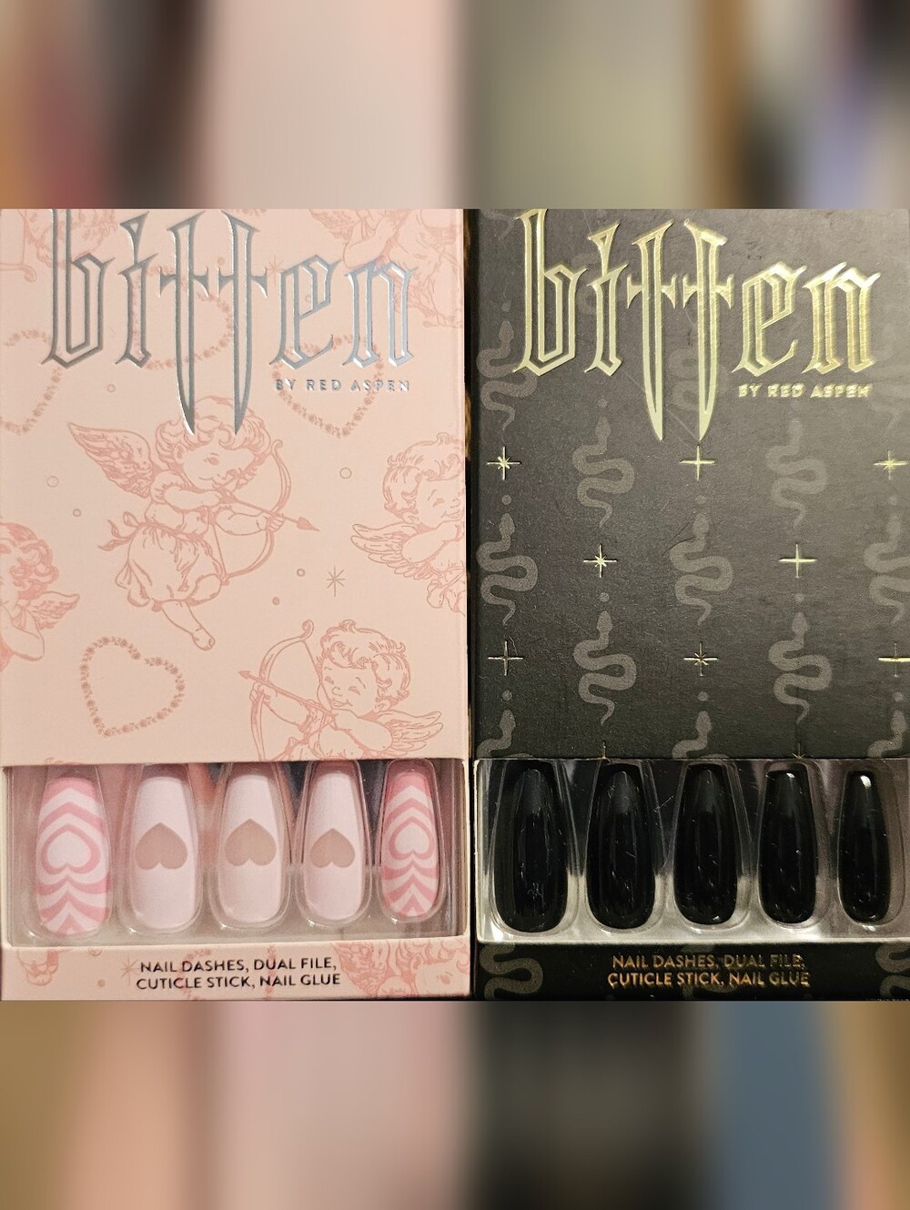 Bitten By Red Aspen Pink Heart & Black Gloss Press-On Nails